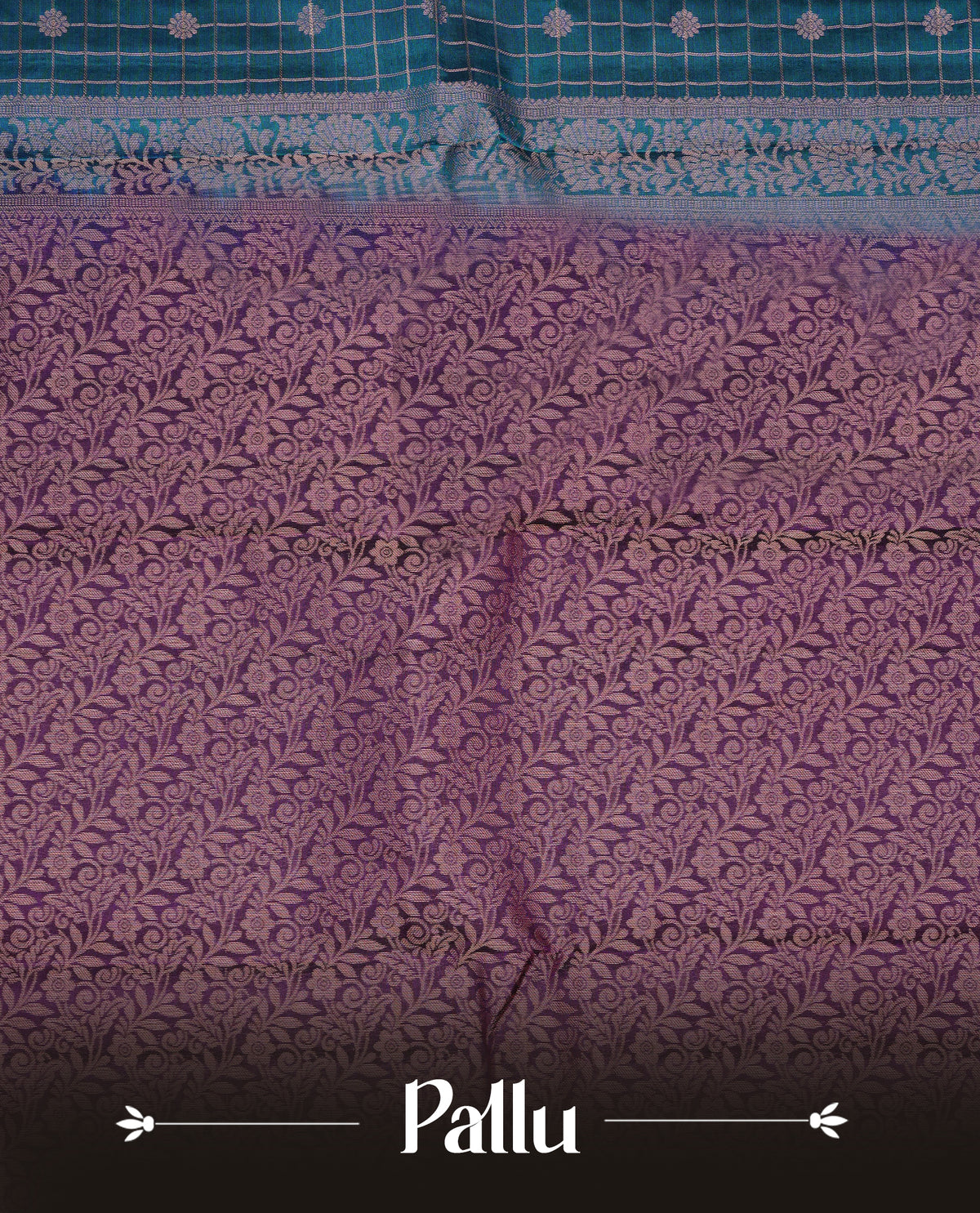 Teal Blue Colour Traditional Kancheepuram Silk Saree with Gold Zari Checks and Delicate Floral Buttas on the Body, Enhanced with a Contrast Purple Colour with Grand Gold Zari Traditional Border and Pallu, Paired with a Matching Blouse Piece.