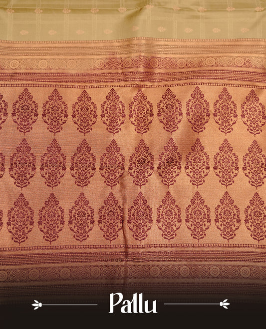 Spanish olive colour traditional kancheepuram silk saree featuring gold zari check pattern on body, complemented by contrast Maroon & magenta colour with gold zari traditional border, paired with matching blouse piece.