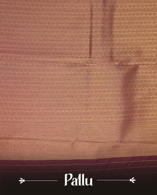 Lavender colour semi soft silk saree featuring gold zari motifs on across body, self colour border with traditional gold zari pattern, pallu and paired with matching blouse.