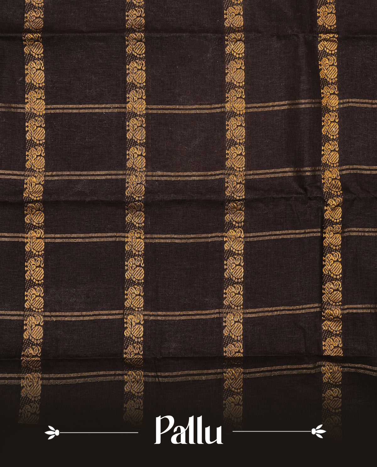 Dark chocolate Brown  Colour Sungudi Cotton Saree with peacock gold zari stripes on the body, a matching gold zari border, and a striped gold zari pallu. Paired with a contrast Beige blouse piece  featuring gold zari work.