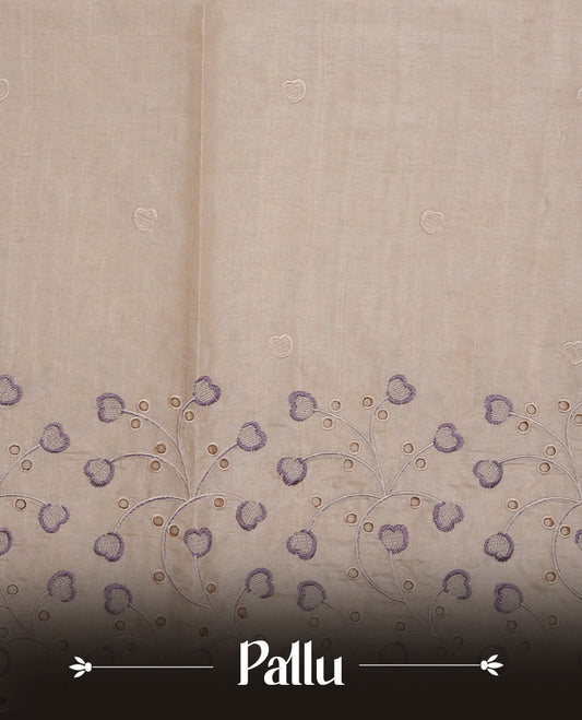 Beige colour Tussar silk saree featuring Elegant plain body, highlighting Lavender colour thread floral kodi worked scalp border, pallu and paired with matching blouse piece.