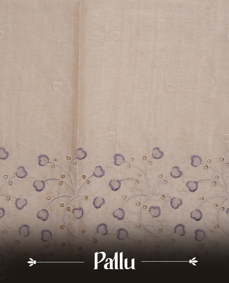 Beige colour Tussar silk saree featuring Elegant plain body, highlighting Lavender colour thread floral kodi worked scalp border, pallu and paired with matching blouse piece.