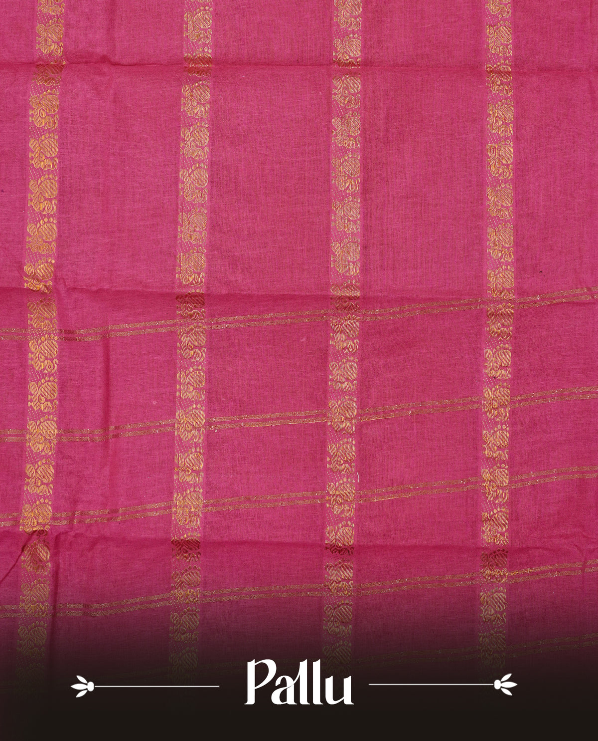 Magenta Colour Sungudi Cotton Saree with peacock gold zari stripes on the body, a matching gold zari border, and a striped gold zari pallu. Paired with a contrast Brown blouse piece  featuring gold zari work.