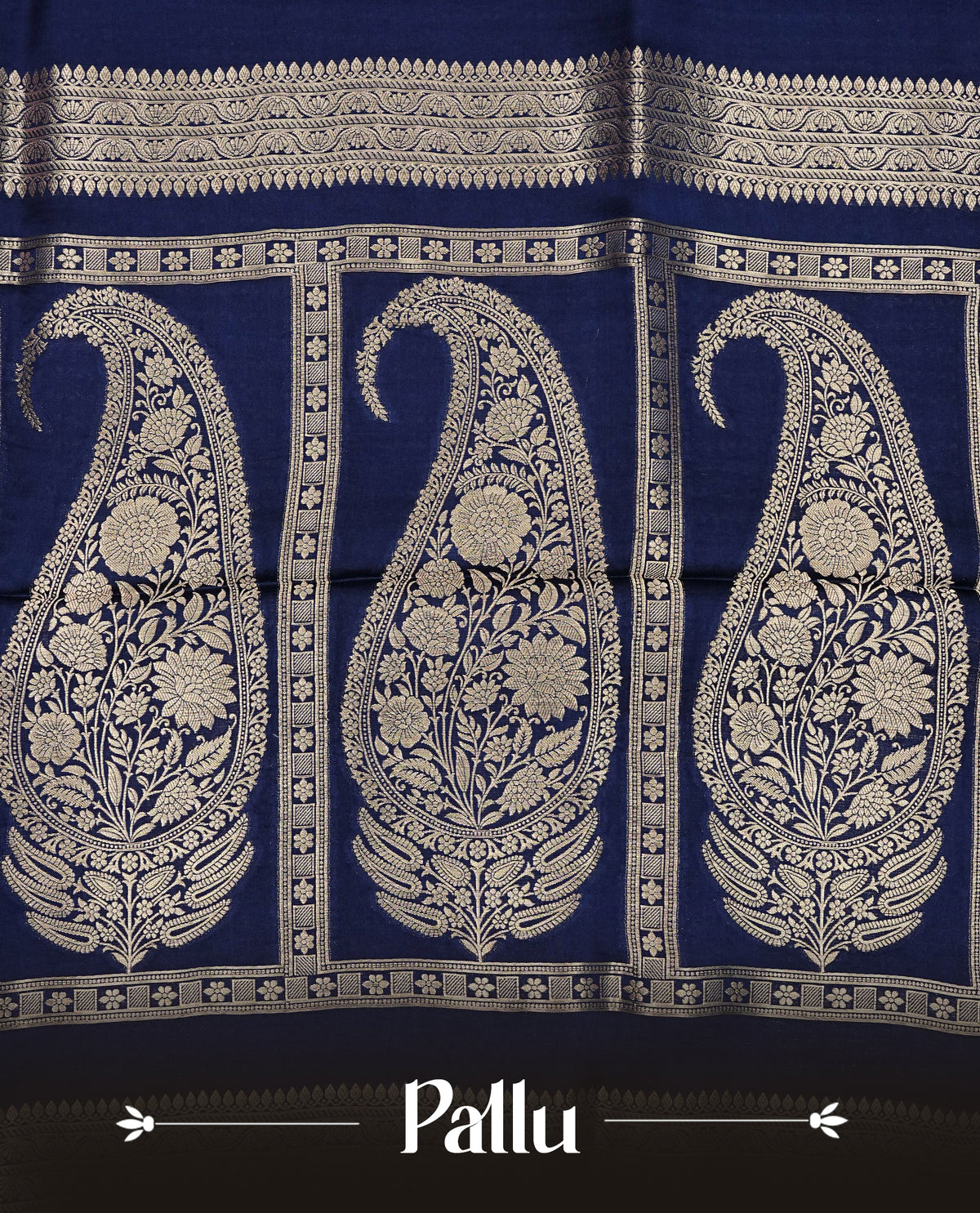 Navy blue colour Banaras satin crepe silk saree featuring Plain body, associate with Gold zari traditional border, comes with matching blouse piece.