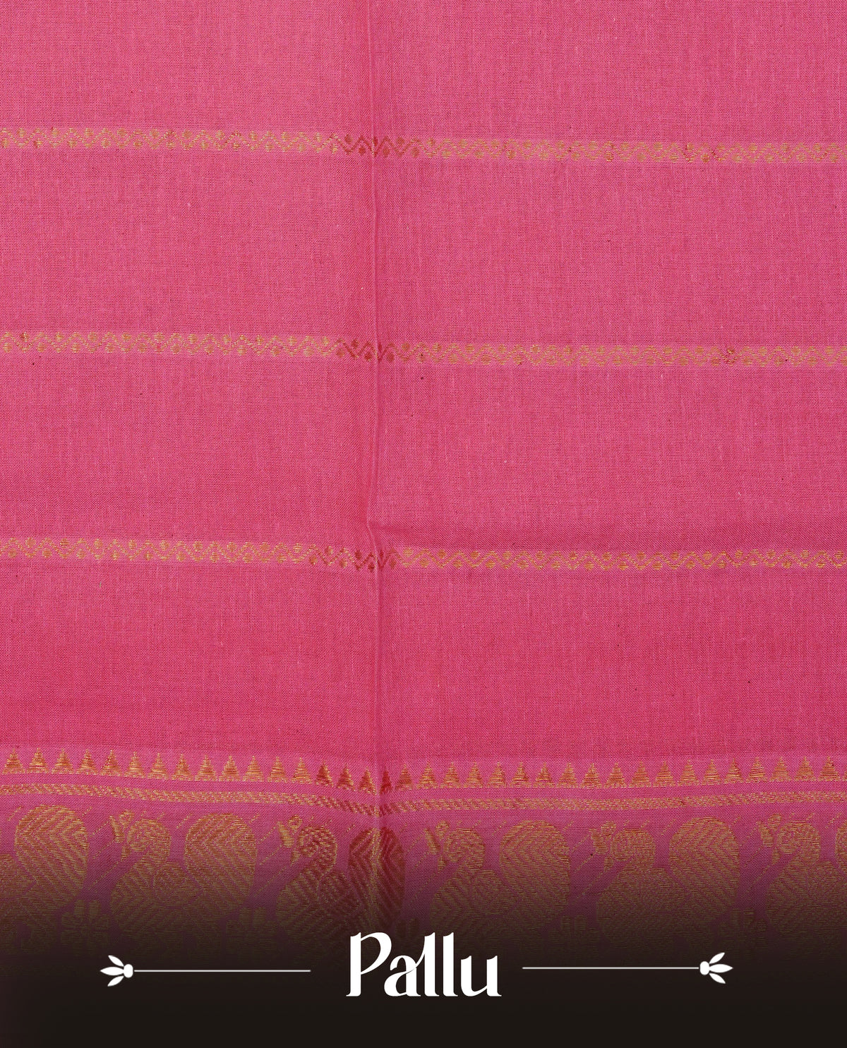 Pink  Colour  Sungudi Cotton Saree with gold zari motifs on the body, a matching gold zari border, and a plain pallu. Paired with a contrast Dark Chocolate Brown colour  blouse piece  featuring a gold zari peacock border.