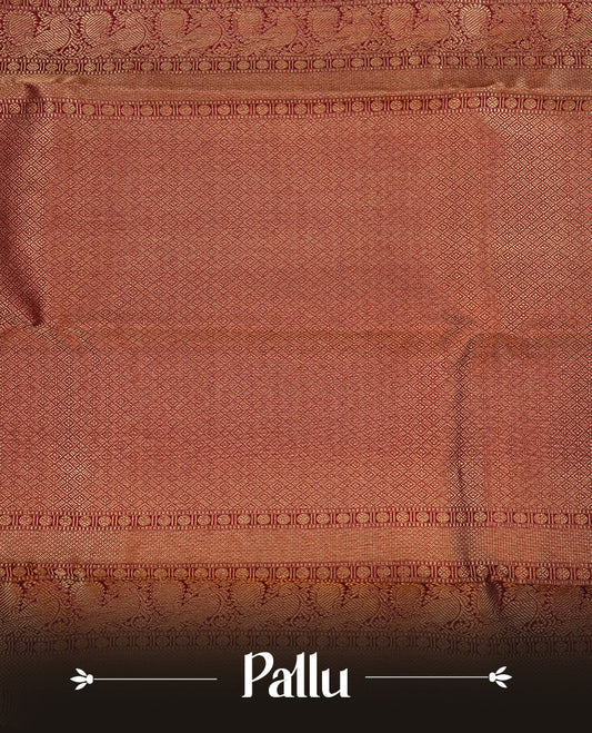 Maroon colour kancheepuram silk saree featuring gold zari floral kodi pattern on body, complemented by self colour with traditional border, paired with matching blouse piece.