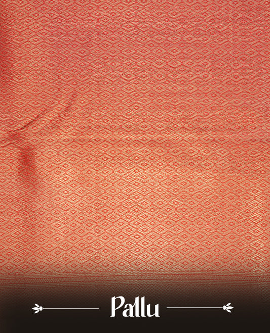 Red colour soft silk saree featuring gold zari pattern on body, complemented by self colour with traditional border, paired with matching blouse piece.