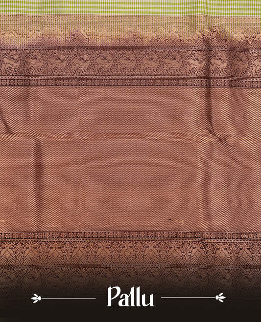 Yellow & green  colour traditional kancheepuram silk saree featuring check pattern on body, complemented by contrast deep purple colour with gold zari traditional border, paired with matching blouse piece.