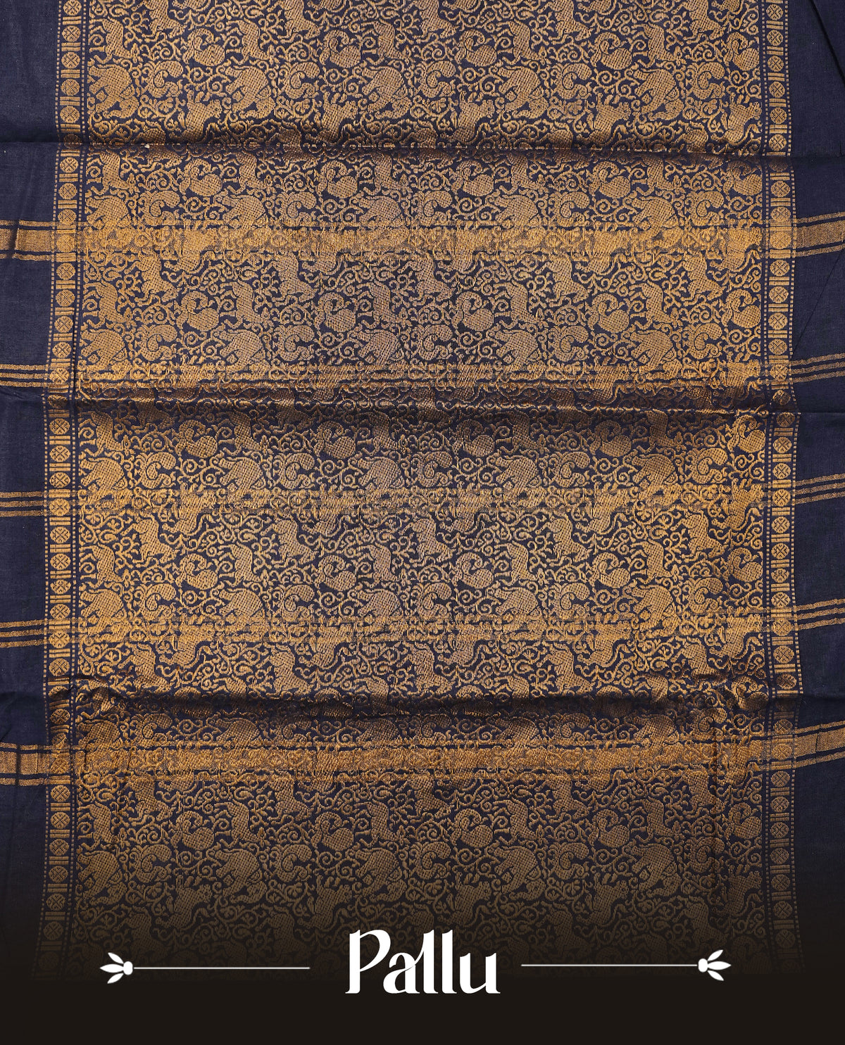 Navy Blue  Colour Sungudi Cotton Saree with gold zari elephant & Peacock motifs on the body, a self zari border, and a rich gold zari pallu. Paired with a Contrast Pink colour blouse Piece featuring a gold zari border.
