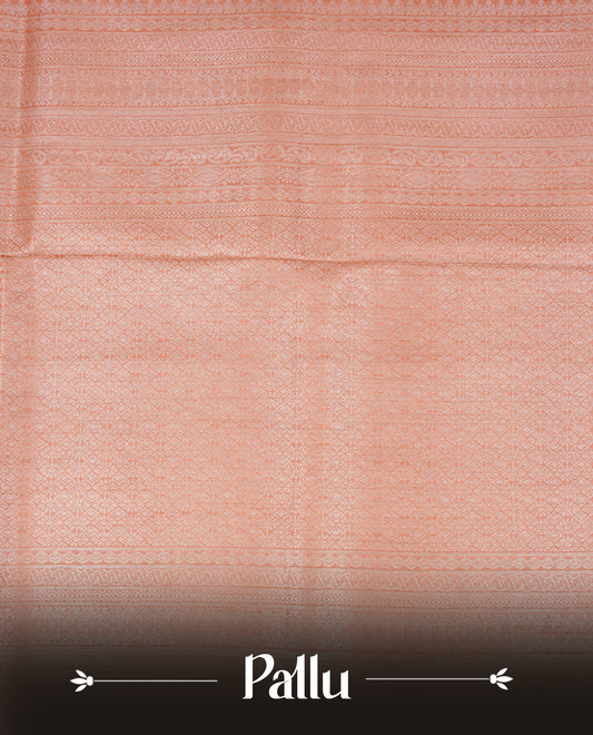 Peach colour softie silk saree featuring silvar zari, rich pallu floral pattern brocade body, with contrasting self colour border.paired with matching blouse piece.