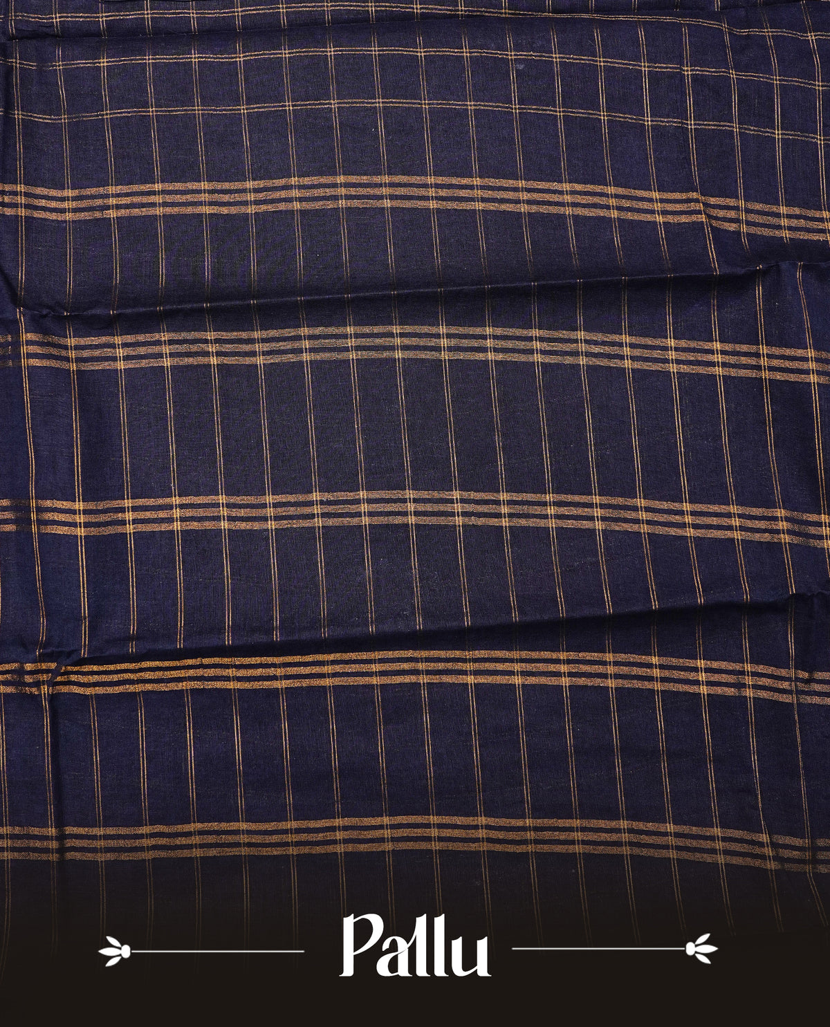 Navy blue Sungudi cotton saree featuring elegant gold zari checks across the body, complemented by a rich gold zari peacock border. Paired with a matching blouse piece