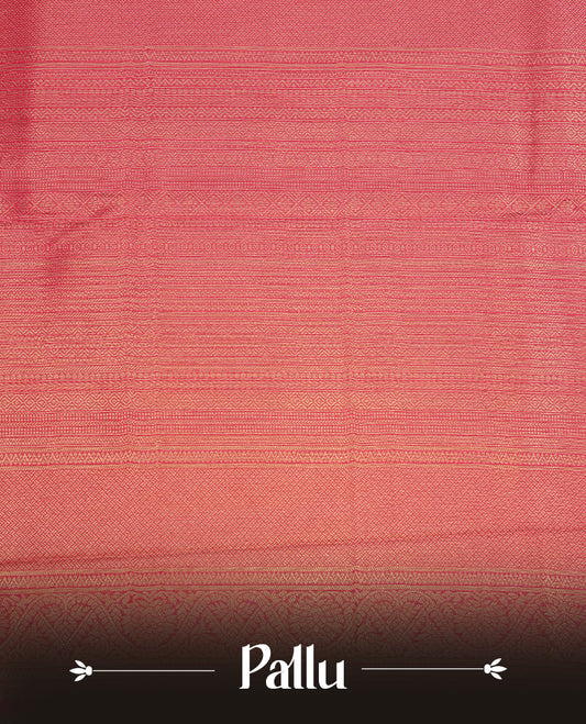 Rani pink colour soft silk saree featuring gold zari zig zag & floral kodi pattern on body, complemented by self colour with traditional border, paired with matching blouse piece.