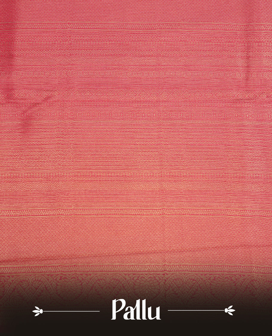 Rani pink colour soft silk saree featuring gold zari zig zag & floral kodi pattern on body, complemented by self colour with traditional border, paired with matching blouse piece.