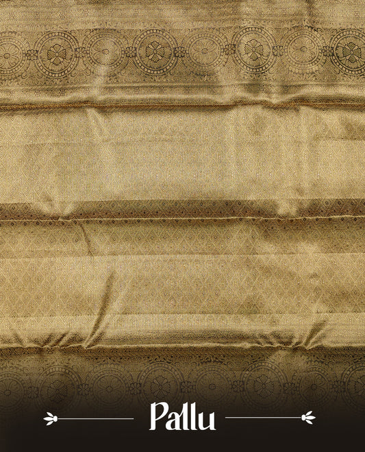 Gold & chocolate brown double shade colour kancheepuram tissue silk saree featuring gold zari floral kodi pattern on body, complemented by contrast chocolate brown colour with traditional border, paired with matching blouse piece.