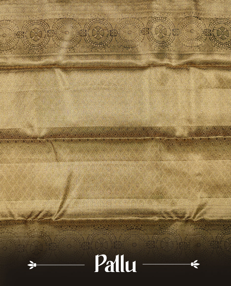 Gold & chocolate brown double shade colour kancheepuram tissue silk saree featuring gold zari floral kodi pattern on body, complemented by contrast chocolate brown colour with traditional border, paired with matching blouse piece.