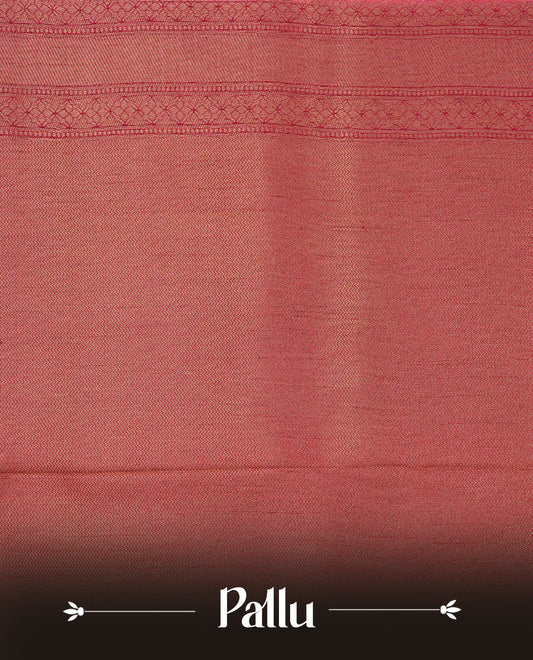 Pink colour softie silk saree featuring gold zari floral pattern brocade body, with contrasting maroon colour border.paired with matching blouse piece.