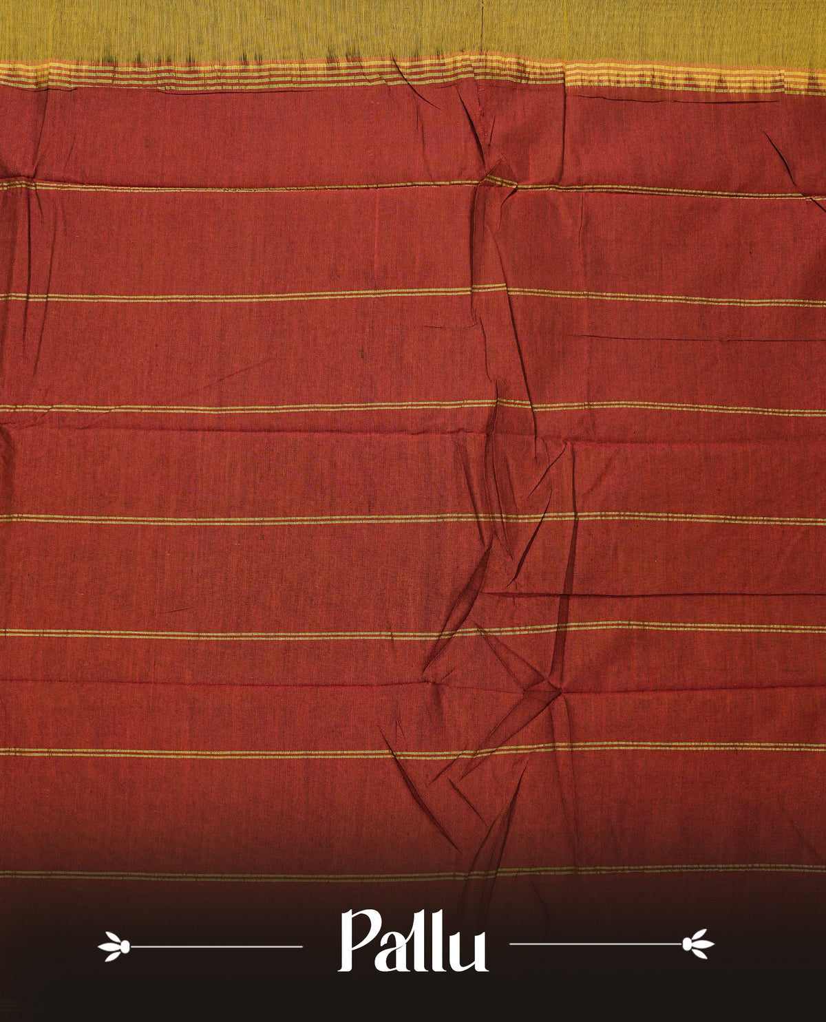 Olive Yellow colour Narayanapattu cotton saree with a plain body, complemented by a maroon colour with gold zari border & contrast pallu, paired with a matching blouse piece.