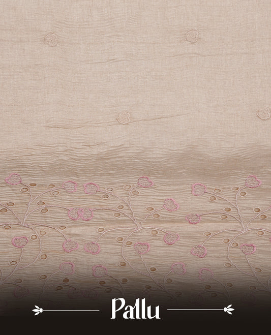 Beige colour Tussar silk saree featuring Elegant plain body, highlighting Pink colour thread floral kodi worked scalp border, pallu and paired with matching blouse piece.