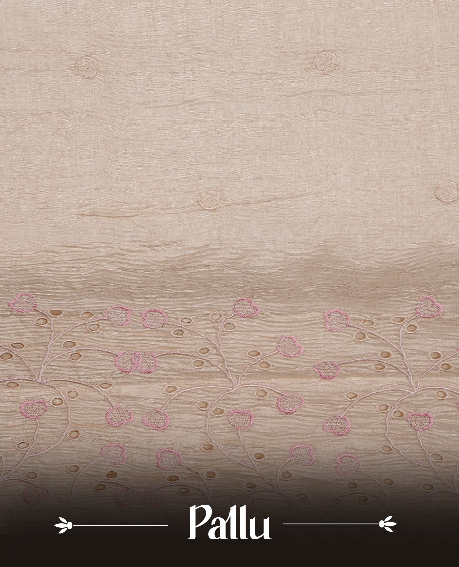 Beige colour Tussar silk saree featuring Elegant plain body, highlighting Pink colour thread floral kodi worked scalp border, pallu and paired with matching blouse piece.