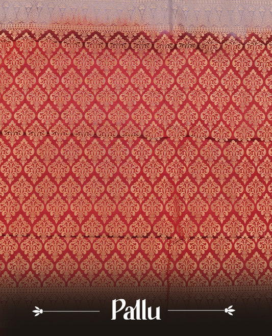 Lavender colour soft silk saree featuring gold zari motifs on the body, complemented by a contrast Red traditional zari border and pallu, paired with a matching blouse piece.