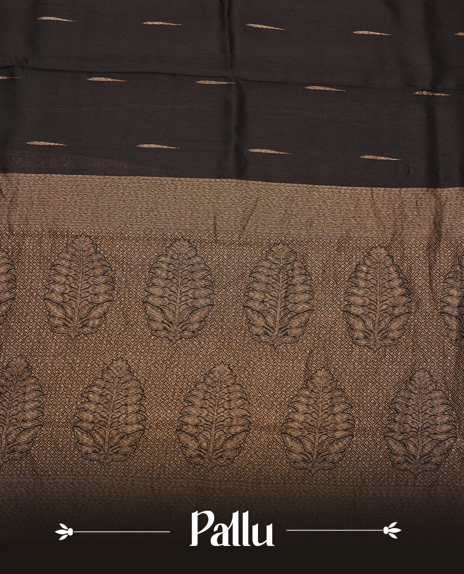 Black colour semi banaras tussar georgette saree featuring antique gold zari buttas on body, temple pattern on border and floral pattern on pallu, paired with matching blouse piece.