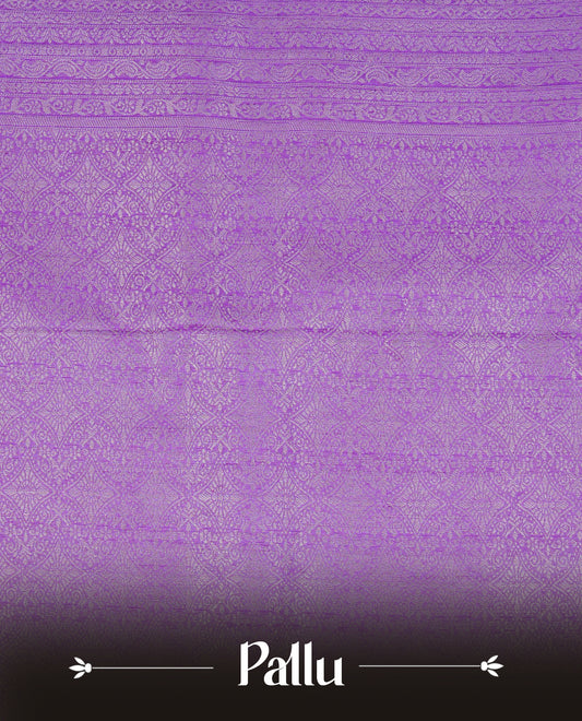 Purple colour softie silk saree featuring silver zari, rich pallu floral pattern brocade body, with contrasting self colour border.paired with matching blouse piece.
