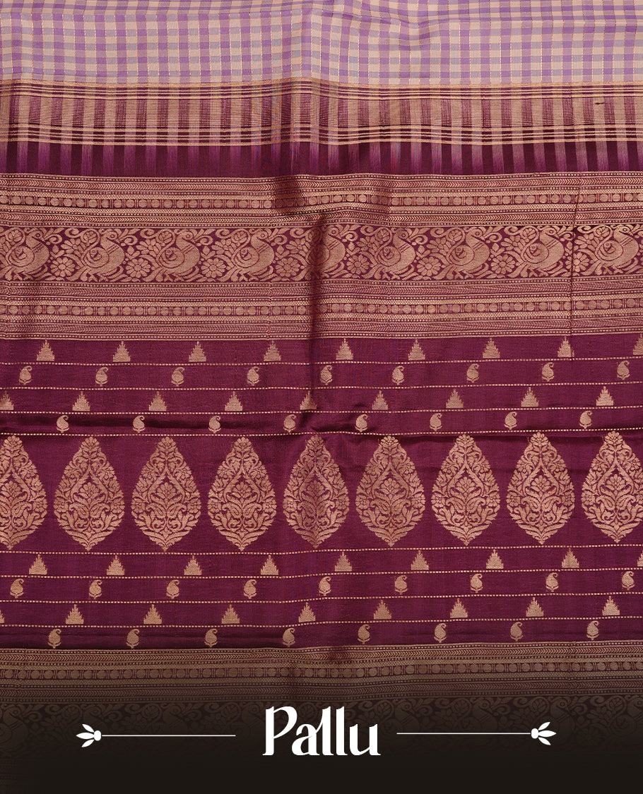Lavender & Purple colour traditional kancheepuram silk saree featuring gold zari check pattern on body, complemented by contrast purple colour with gold zari traditional border, paired with matching blouse piece.