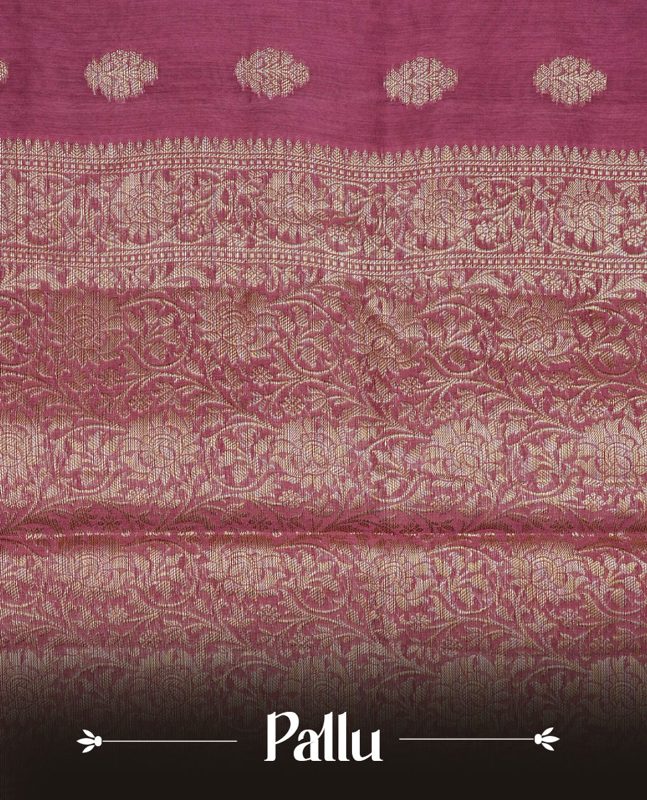Pastel Onion Colour Tussar Silk saree with antique zari butta motifs On Body, a self-toned floral zari border, a rich zari pallu, and a matching blouse piece.