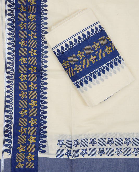 Cream colour Cotton set mundu With plain body, enhance blue colour print & Gold kara.