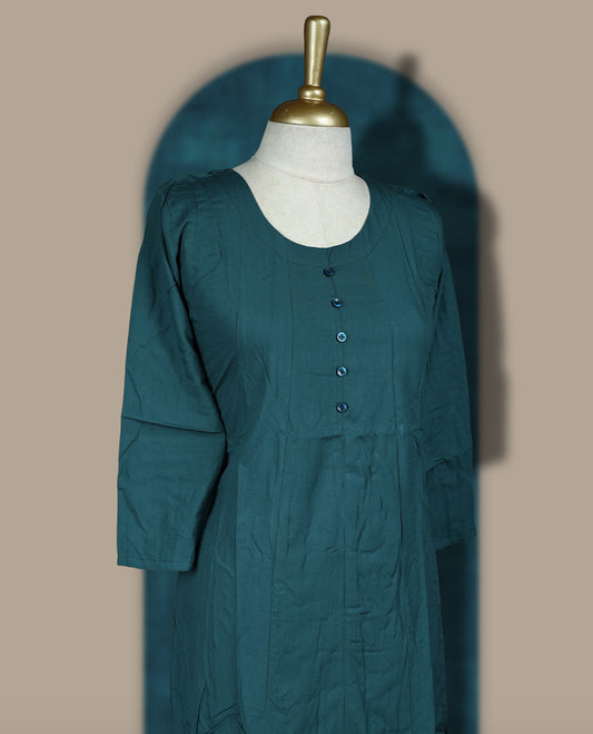 Dark teal blue colour cotton kurthi with front buttons and 3/4th sleeves & Features a round neck and minimalist design for a classy everyday look, Ideal for work or casual wear with maximum comfort.