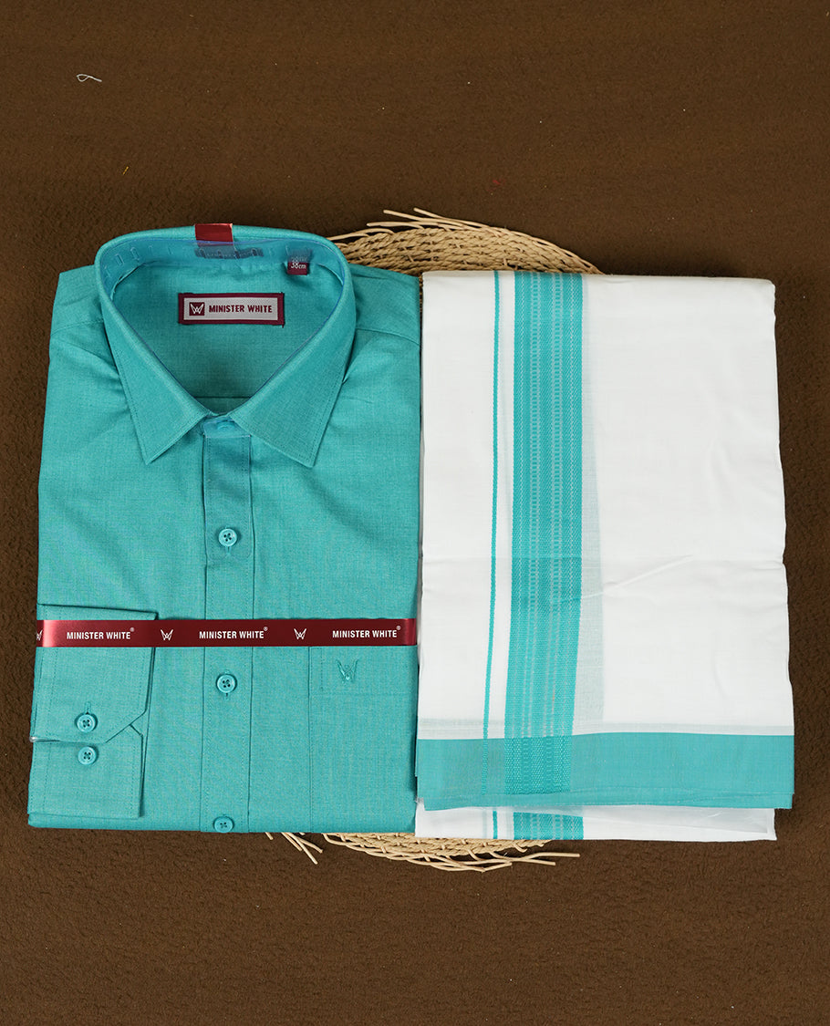 Dark Turquoise colour Minister White traditional men's shirt paired with a matching dhoti with a rose gold border.