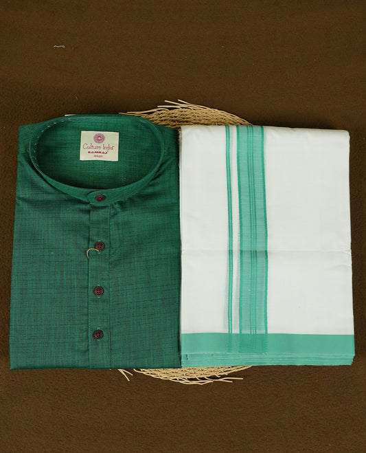 RAMRAJ British Green Colour shirt paired with a matching dhoti, elegantly finished with a green zari border.