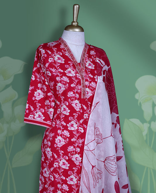 Raspberry colour churidar set featuring V neckline, sleeves, and white colour floral pattern across the body, Paired with a matching colour dupatta