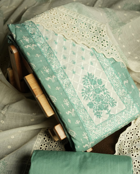 Pastel green and off white colour churidar material featuring elegant thread work on the neckline and floral motifs on the body, dupatta is adorned with delicate embroidered motifs and scalloped lace border & Comes with a matching bottom.