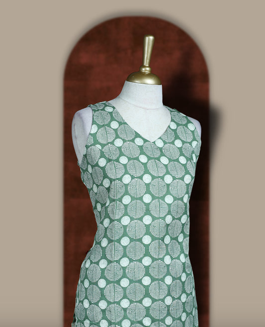 Pista green colour coord set crafted in soft fabric, featuring a sleeveless V neck top with geometric circular prints, paired with a matching straight fit bottom.