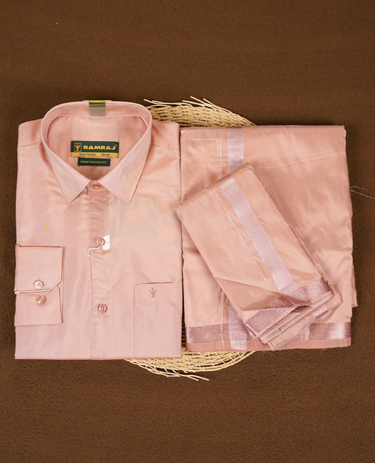 RAMRAJ  Pink Colour kurtha paired with a pink dhoti and a pink towel, elegantly finished with a matching Rose Gold border.