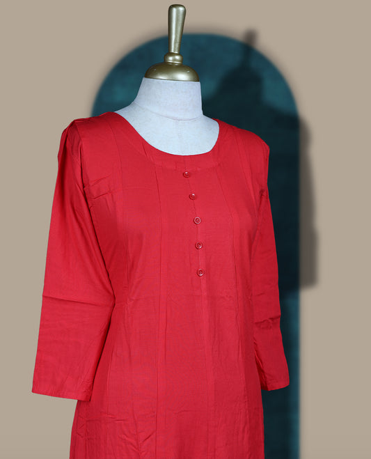 Brick red colour cotton kurthi with front buttons, 3/4th sleeves, and a round neckline & Perfect for daily wear, office, or layering, Soft, breathable fabric ensures all day comfort and ease.