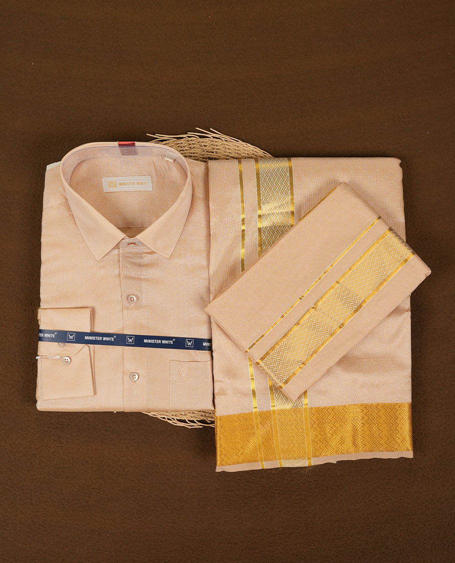 Biscuit Gold coloured silk wedding shirt, dhoti, and towel set from MINISTER WHITE, featuring a gold zari border.