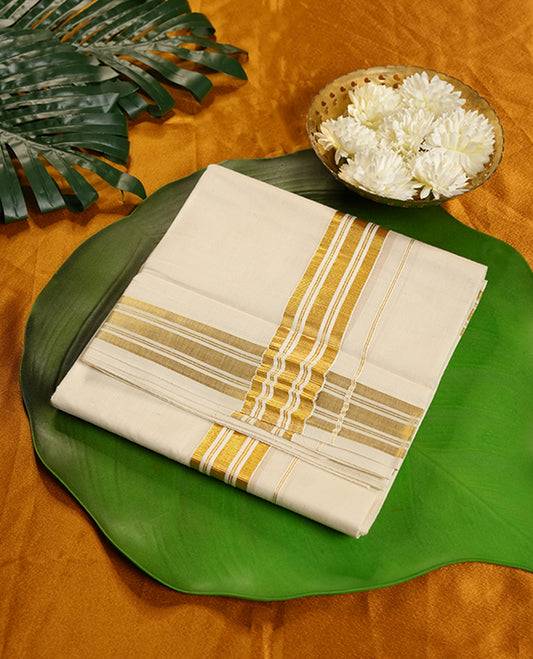Cream Colour Pure Cotton double Dhoti with gold Colour Border for Men