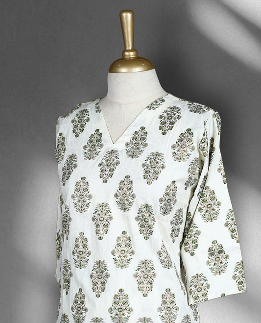 Off white colour cord set with green floral block print, featuring a V neck kurta with a straight silhouette and side slits, paired with matching wide leg pants.