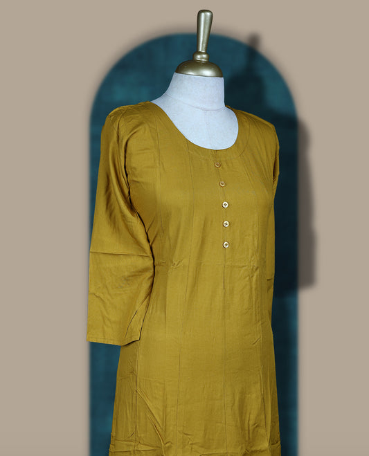 Mustard yellow colour cotton kurthi with front buttons and 3/4th sleeves & Features a round neck and minimalist design for a classy everyday look, Ideal for work or casual wear with maximum comfort.