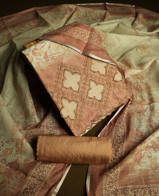 Soft Brown colour churidhar material featuring floral and cutwork embroidery on the front panel, digital floral printed dupatta with elegant border, and matching plain bottom.