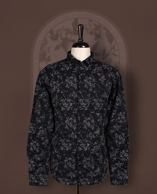 Black colour cotton long sleeve shirt featuring an all over delicate beige cotton print, Designed with a classic collar and button down front, it blends timeless elegance with everyday comfort.