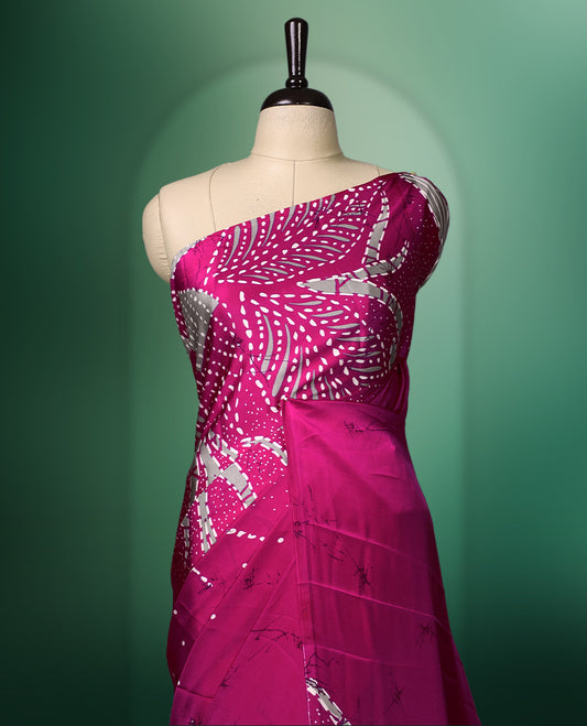 Pink and Off White colour semi modal saree featuring contemporary abstract and floral patterns highlighted with shimmering accents, complemented with a coordinated blouse