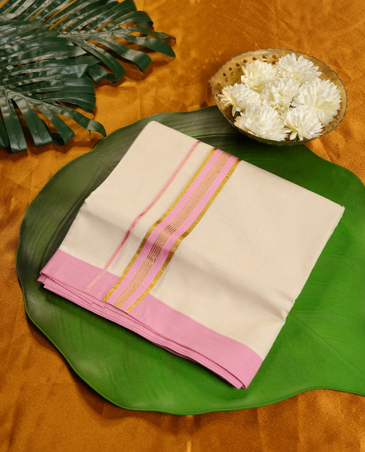 Cream Colour Pure Cotton double Dhoti with Pink and Gold Colour Border for Men
