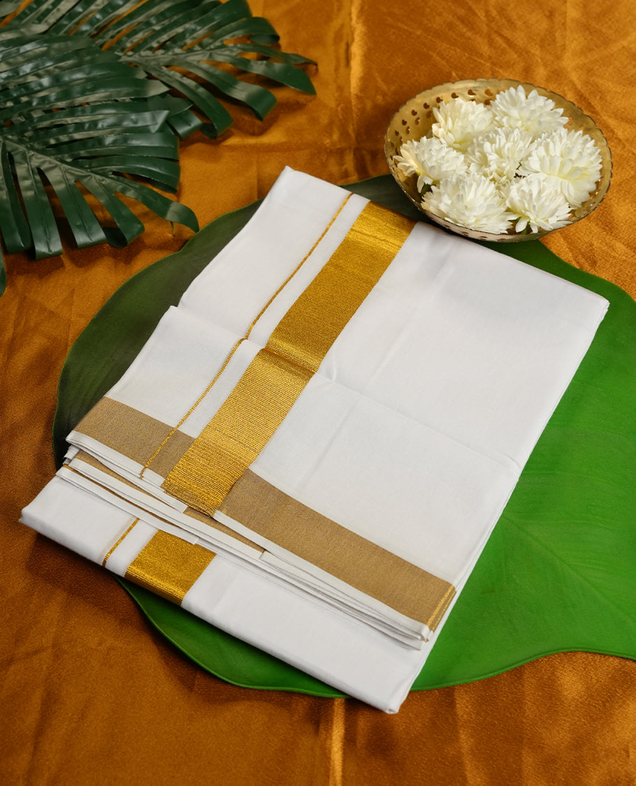 White Colour MCR Pure Cotton double Dhoti with gold Colour simple Border for Men
