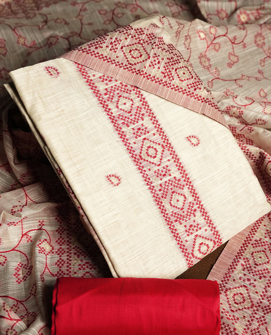 Cream colour churidhar material featuring Red colour thread embroidery on the front panel, floral thread pattern dupatta with elegant border, and matching plain bottom.