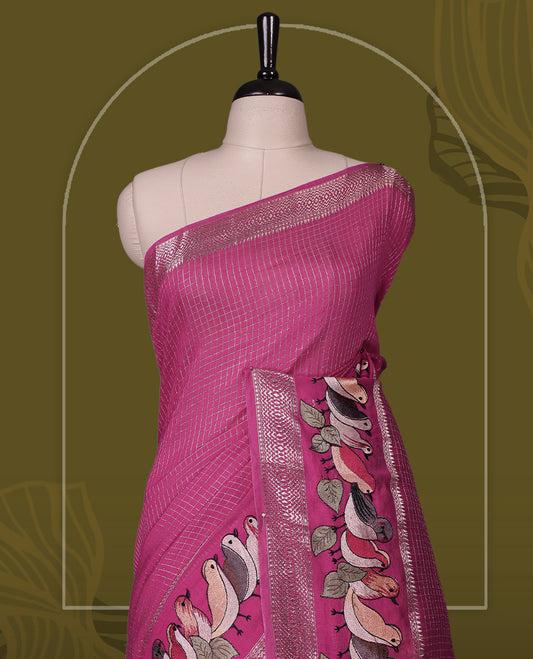Dark Pink viscose saree featuring subtle checkered patterns and a beautifully embroidered bird motif border, paired with a rich pallu & perfect for festive occasions, celebrations, and elegant gatherings.