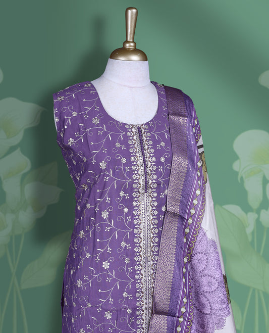 Purple colour churidar set featuring elegant white thread embroidery on the neckline, sleeveless, and scattered motifs across the body, Paired with a matching embroidered floral printed pattern dupatta