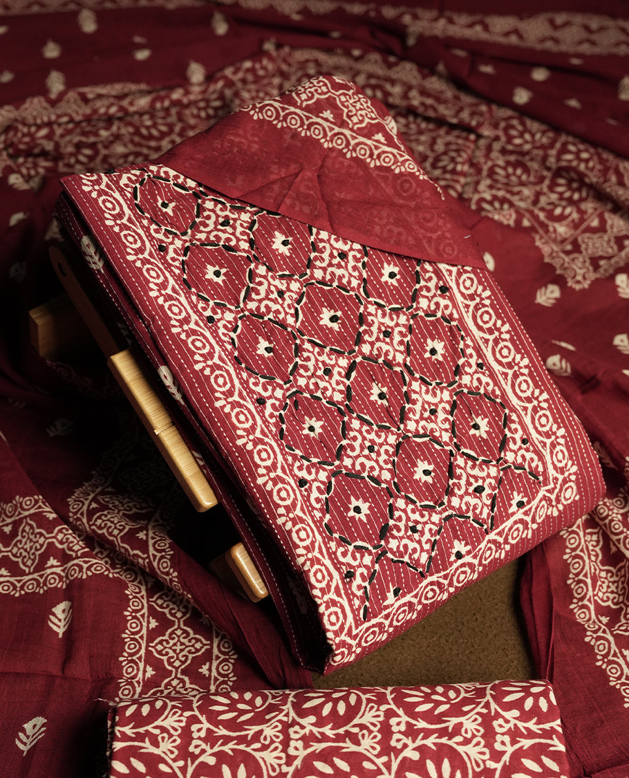 Deep maroon colour cotton churidar material featuring intricate white and black block prints and thread work on the body, paired with a beautifully printed dupatta and matching printed  bottom.